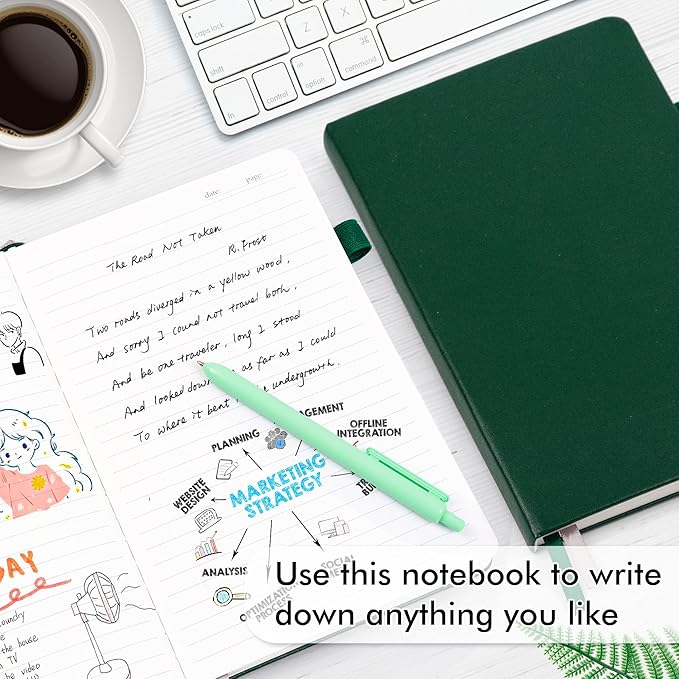 feela 12 Pack Notebooks Journals Bulk with 12 Black Pens, A5 Hardcover Notebook Classic Ruled Journal Set with Pen Holder for School Business Work Travel Writing, 120 GSM, 5.1”x8.3”, Dark Green