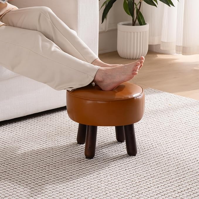 Small Foot Stool Ottoman, Round Pouf Foot Rest, Footstool Ottomans with Rubber Legs Under Desk, Faux Leather Footrest for Couch, Living Room, Bedroom, Hallway, Office, 13''L x 13''W x 10.2''H