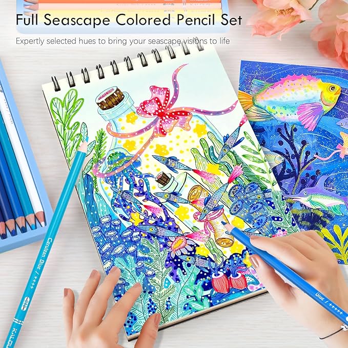 KALOUR PDAS 36-piece Blue Seascape Colored Pencil Set, Pre-sharpened Wooden Colored Pencils for Adults Artists Beginners Coloring Books Drawing & Sketching