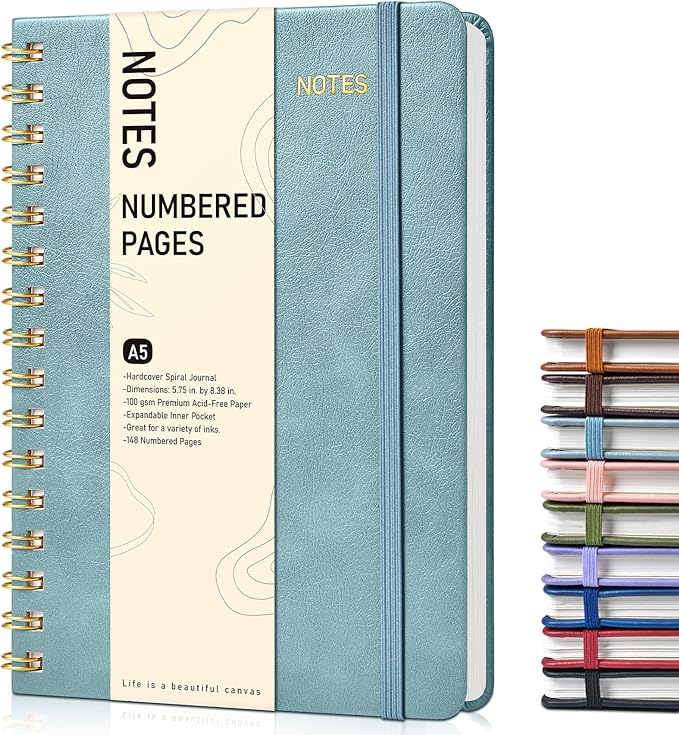 Lined Spiral Journal Notebook, A5 Hardcover Spiral Journals for Women Men, 150 Numbered Pages Spiral Bound Notebook, 100 GSM College Ruled Notebooks for Writing Note Taking 5.75" x 8.38", Misty Blue