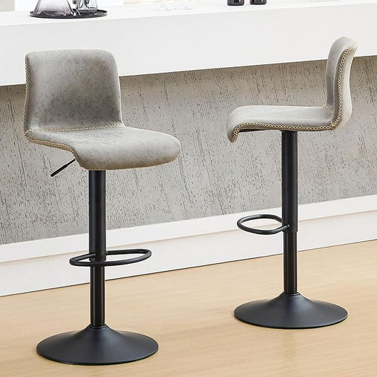HeuGah Swivel Bar Stools Set of 2, Adjustable Counter Height Barstools with Back, Gray Faux Leather Bar Chairs for Kitchen Island (Gray, Set of 2 (24'' to 32''))
