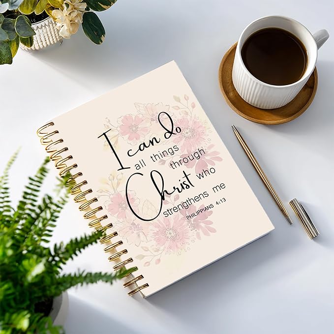 Bible Notebook, A5 Spiral Christian Journal with Pink Floral Notebook, Bible Verse-I Can Do All Things Through Christ Who Strengthens Me, Inspirational Notebooks for Women, Gift for Birthday Christmas