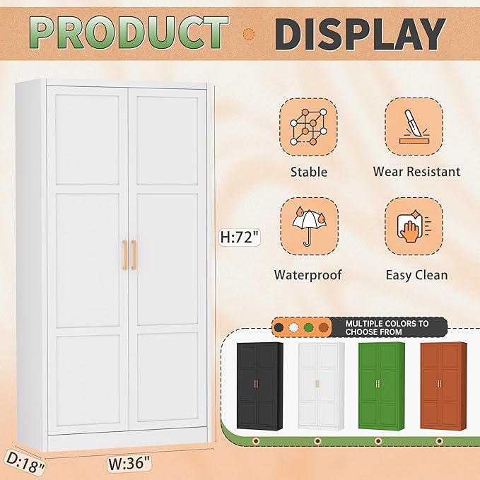 Greenvelly Metal Wardrobe Cabinet with Wooden Handle, 72" Metal Wardrobe Closet with Hanging Rods and Adjustable Shelves, Clothing Storage Closet Cabinet for Home, Office, Employee, Gym (White)