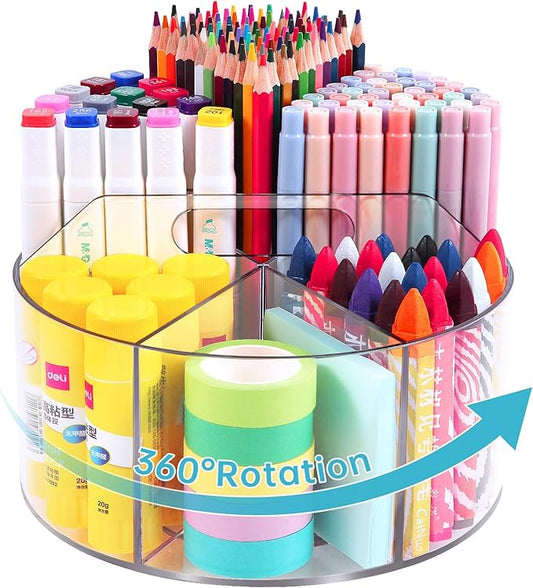 Large Acrylic Pen Holder for Desk, 6 Slots 360-Degree Rotating Pencil Holder Marker Organizer for Kids, Caddy Art Supply Organizer Crayon Organizers for Office School