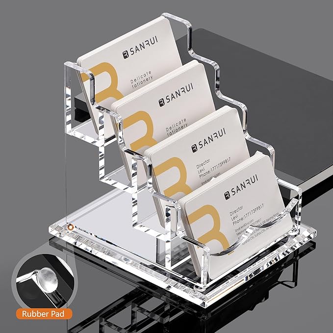 SANRUI Clear Acrylic Business Card Holder for Desk Display Stand Holders Organizer Rack , 4 Tier 4 Pocket , Holds 200 cards