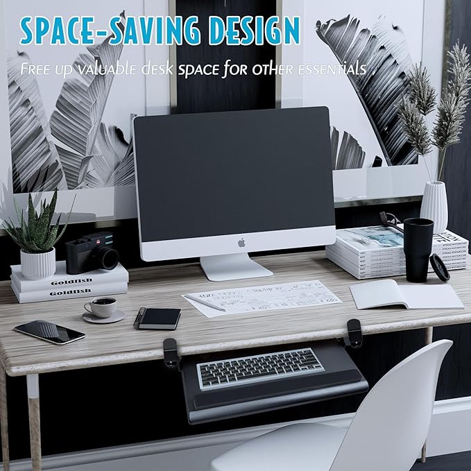 EHO Large Ergonomic C-Clamp Keyboard Tray Mount Under Desk with Wrist Rest, Slide-Out Platform 27.5" (31.8" Including Clamps) x 12.5", Pull Out Keyboard & Mouse Tray for Home or Office, Black