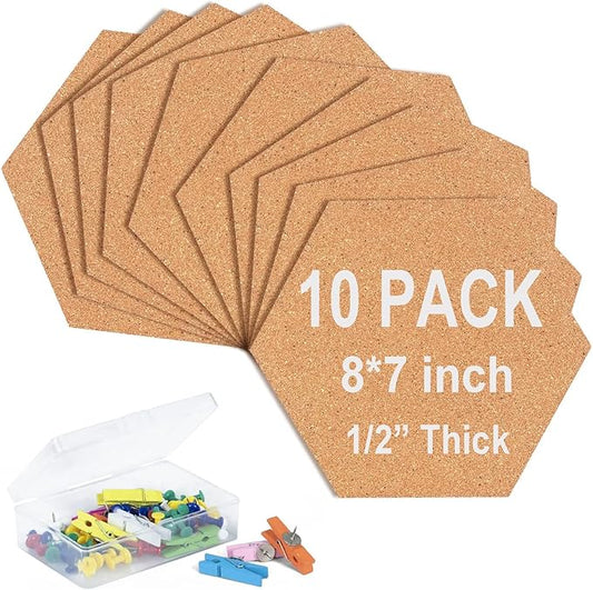 10 Pack Cork Bulletin Board Hexagon - Decorative Display Boards, 1/2" Thick Self-Adhesive Cork Board Tiles for Home Office Decor, School Message Board (10 Pcs)
