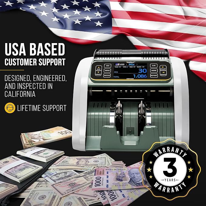 KOLIBRI KBR-500 Money Counter Machine Mixed Denomination | Business Grade Cash Counter Machine w/Advanced IR/UV/MG/MT/Counterfeit Detection, Multi-Currency (USD CAD MXN GBP EUR)