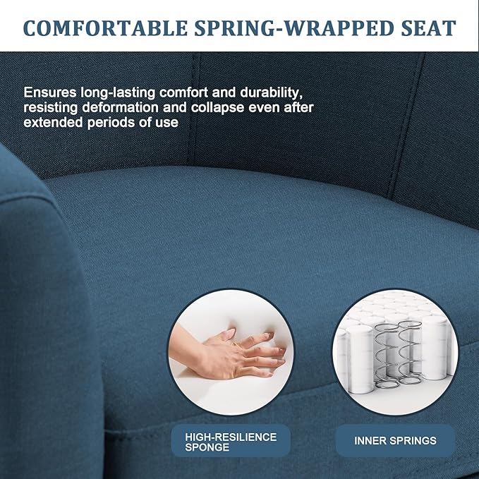 UIXE 360° Swivel Barrel Accent Chairs Set of 2, Modern Round Arm Chair Upholstered Club Armchair, Single Sofa Seating in Fabric for Living Room, Bedroom (Blue)