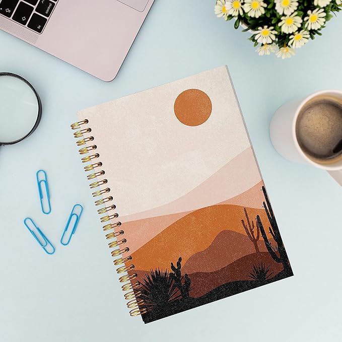 VNWEK Abstract Boho Desert Sun Cactus Landscape Spiral Notebook Journal 5.5×8.3 Inch,Boho Mid-Century Modern Art Lined Hardcover Spiral Notebook for Work Notes Journaling, Gifts for Women Girls