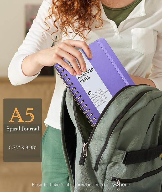 Lined Spiral Journal Notebook, A5 Hardcover Spiral Journals for Women Men, 150 Numbered Pages Spiral Bound Notebook, 100 GSM College Ruled Notebooks for Writing Note Taking 5.75" x 8.38", Purple