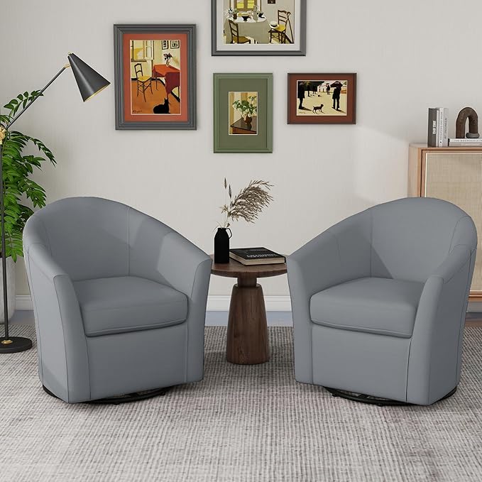 UIXE 360° Swivel Barrel Accent Chairs Set of 2, Modern Round Arm Chair Upholstered Club Armchair, Single Sofa Seating in Fabric for Living Room, Bedroom (Pebble Grey)