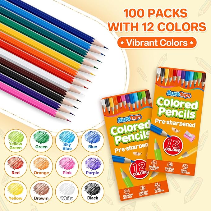 100 Packs Colored Pencils Bulk,1200 Count Pre-Sharpened Colored Pencils in Bulk,Vibrant Colors,12 Color Pencils Set for Classroom Prizes,Back to School Supplies for Kids