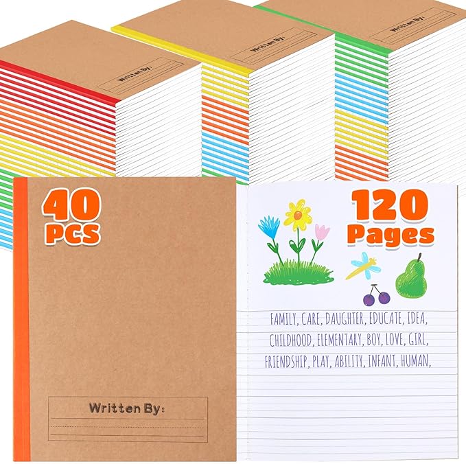 Henoyso 40 Pcs 120 Pages Primary Composition Notebooks K-2, Primary Journal Grades K-2, Writing Journal Practice Notebook for Kids in Preschool, Kindergarten, Back to School Supplies (Rainbow)