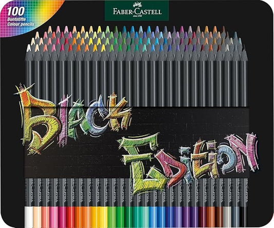 Faber-Castell Black Edition Colored Pencils Tin: Black Wood and Super Soft Core Lead, Art Colored Pencils for Adult Coloring, Teens, Kids and Beginners, Art Drawing Supplies (100 Count)