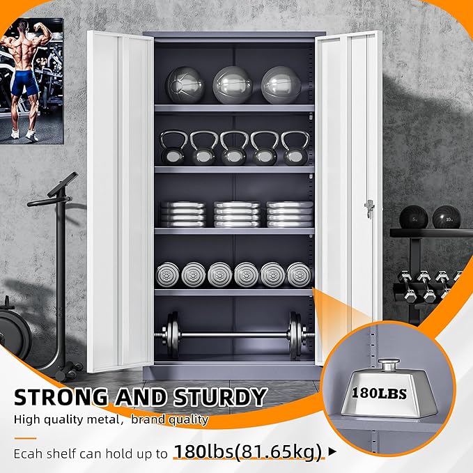 INTERGREAT Garage Storage Cabinets with Doors and Shelves,72" Grey White Steel Tool Locking Cabinet, Metal Storage Cabinet for Home Office, Warehouse, School