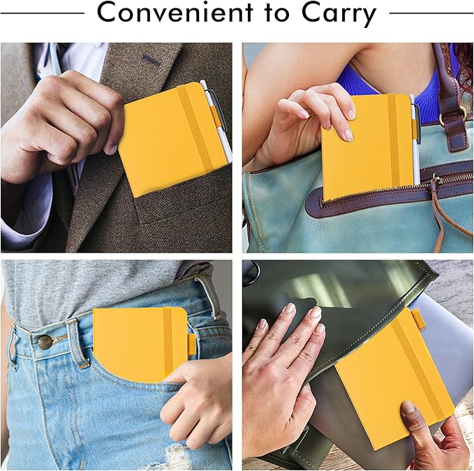 feela 6 Pack Pocket Mini Notebooks Bulk, Small Cute Memo Notepads Hardcover College Ruled Lined Journals with Pen Holder for School Business Work, with 6 Black Pens, 3.5”x 5.5”, A6, Yellow