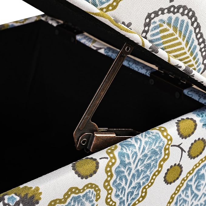 Adeco 18 Inch High Cube Ottoman Storage, Linen Chair Foot Stools, Upholstered Vanity Stool with Hinged Lid, Solid Wood Legs (Blue Leaves)