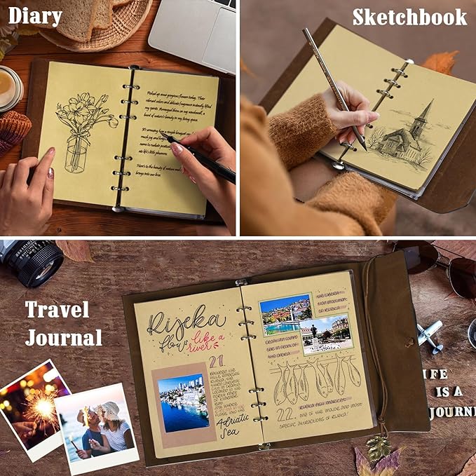 Leather Journals Notebooks with Blank Pages, Vintage Refillable Journal for Writing, Personal Travel Diary Art Sketchbook to Write in, Gifts for Women, Men, Teen Girls and Boys, 160 Pages A5 (Red)