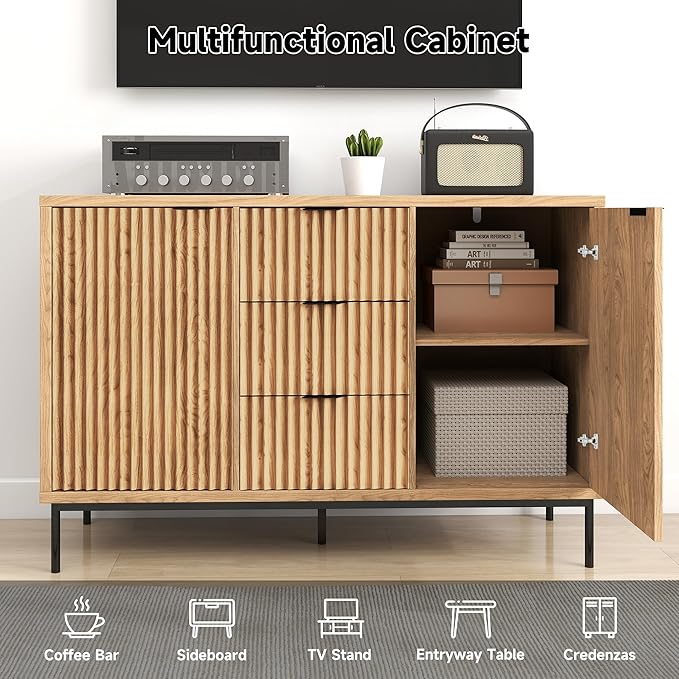 Real Relax Fluted Sideboard Cabinet, Sideboard Buffet Cabinet with Storage, Modern Credenza 2 Doors 3 Drawers, Coffee Bar Buffet Table for Dining Room, Kitchen, and Living Room, Oak