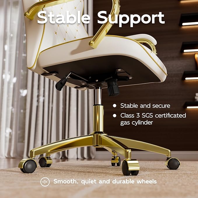 White and Gold Office Chair with Soft Leather Embroidery, Mid Back Vintage Swivel Executive Desk Chair with Wheels and Padded Arms, Adjustable Height