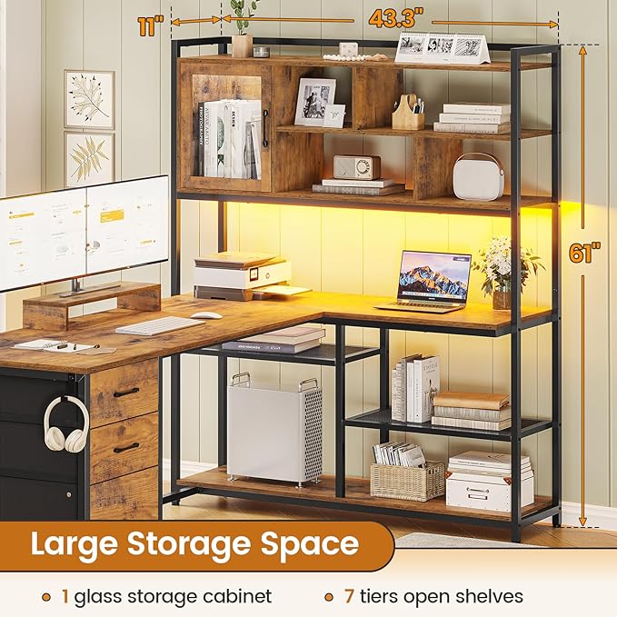 SEDETA L Shaped Computer Desk, 58'' Office Desk with 3 Drawers and Bookshelf, L Shaped Corner Desk with Storage Shelves and LED Light for Home Office, Gaming Desk, L Desk, Rustic Brown