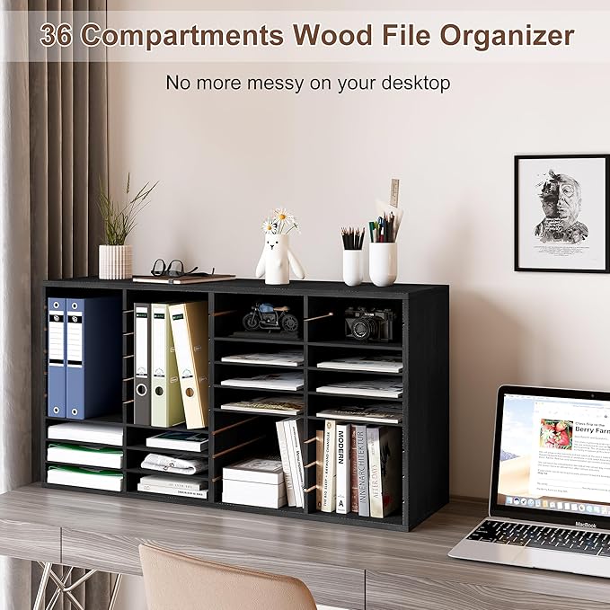 EasyPAG Mail Organizer Countertop, Wood Literature Organizer with Adjustable Shelves, Student Classroom Mailbox for School, Desktop Paper Sorter for Office Home, 36 Compartments, Black