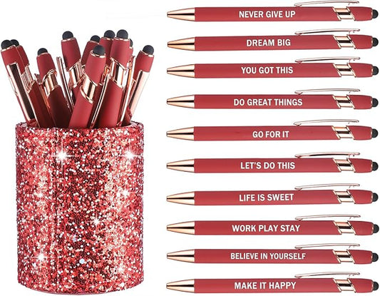 10 Pcs Ballpoint Pens with Pen Holder,Fine Point Smooth Writing Pens,Kawaii Pens For Writing Journaling Taking Notes School Office Home. (Red 10Pcs)