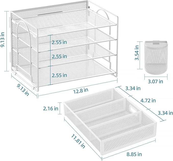 Marbrasse Desk Organizer and Accessories4-Tier Paper File Letter Tray Accessories & Workspace Desk Organizers with Drawer and 2 Pen Holders for School Home Office Supplies (White)