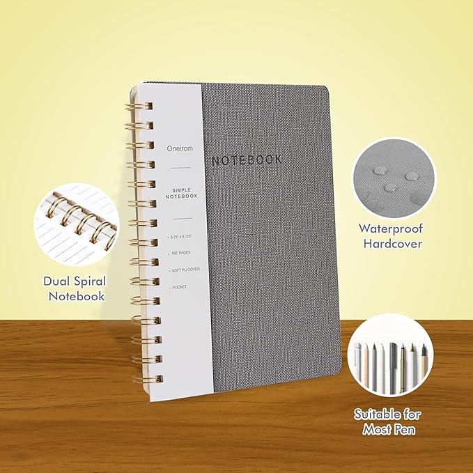 Lined Spiral Notebook College Ruled A5 Journal Book for Note Taking, 160 Pages Writing Journal for Office and Home School Supplies 5.75x8.125 inch (3pack-Grey)