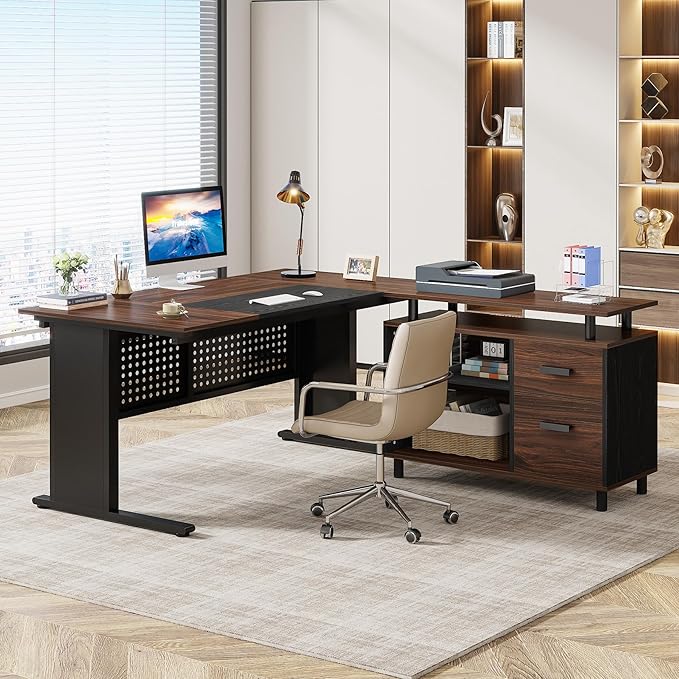 Tribesigns 63 Inch Executive Desk with File Cabinet, Large Office Desk L Shaped Computer Desk with Drawers and Storage Shelves, Business Furniture Desk for Home Office, Dark Walnut and Black
