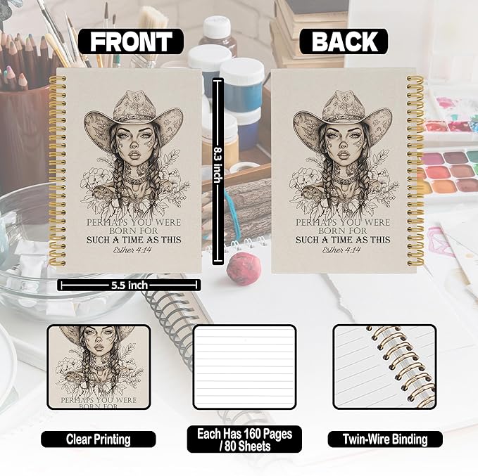 Christian Western Spiral Notebook, Western Cowgirl Bible Journaling Notebooks for Note Taking, Religious Scripture Hardcover Journals for Women 160 Pages 5.5x8.3 Inch, Gifts for Teen Girls