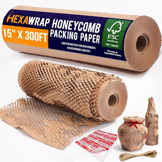 Honeycomb Packing Paper 15" x 300ft with Rope & 20 Fragile Stickers|Shipping & Moving Supplies|Small Business Packaging Supplies|Eco Friendly Bubble Wrap Packing Boxes for Moving Certified FSC C204227