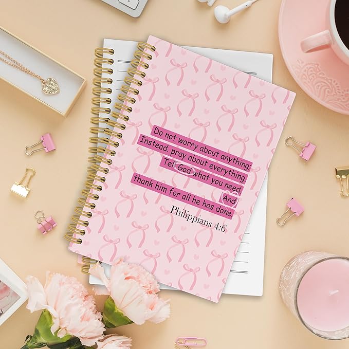 Coquette Pink Bows Christian Spiral Notebook, Scripture Bible Verses Journaling Notebooks for Church Office School, Preppy Girly Hardcover Journals for Teen Girls Women, 160 Pages 5.5 x 8.3 Inch