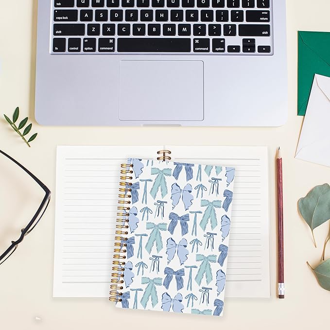 BearCake Bow Notebook Journal,Trendy Coquette Blue Bow Notebook for Women Notebook Note Taking,Hardcover Spiral Notebook 5.5x8.3