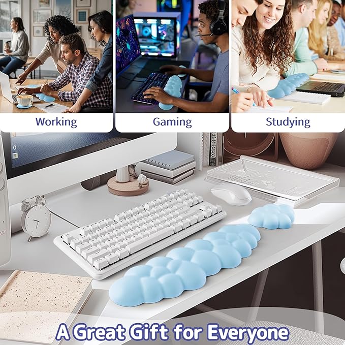 Cloud Wrist Rest Keyboard, Cloud Palm Rest Set with PU Leather Memory Foam, Cute Keyboard Rest for Wrist Support and Arm Rest, Desk Cloud Wrist Pad for PC/Gaming/Hand Cushion/Computer-Blue