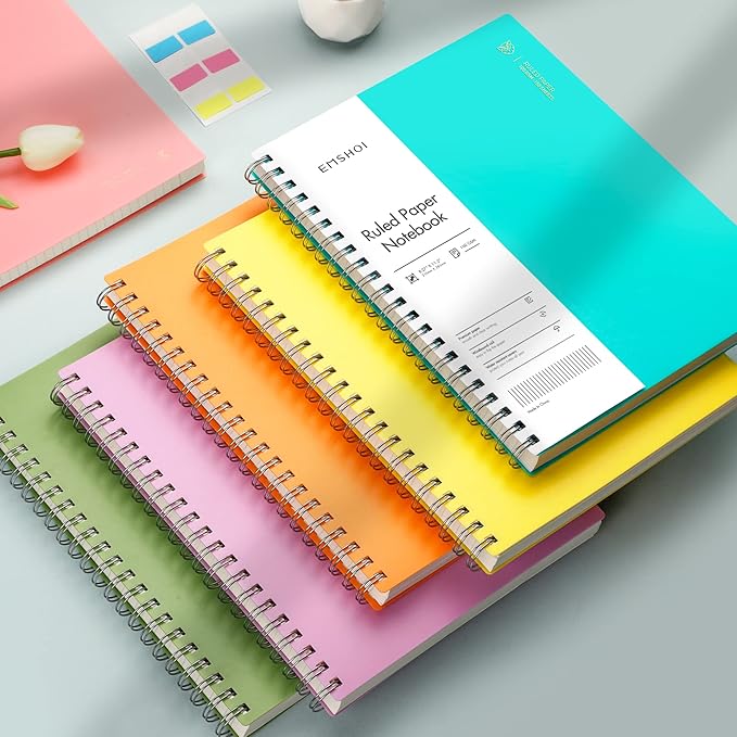 EMSHOI A4 Spiral Notebook Lined Journal, 300 Pages, College Ruled, 100gsm Thick Paper, Waterproof Softcover, Twin-Wire Binding, with Sticky Notes, Green (11.2" x 8.27")