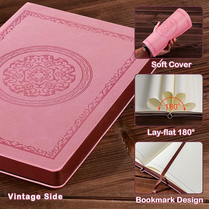 2025 Leather Vintage Journal Notebook,300 Pages,Leather Softcover Lined Journal Notebooks for Women Men,Notebook Journals for Writing Travel,Business,Office,5.7'' X 8.3'',Pink
