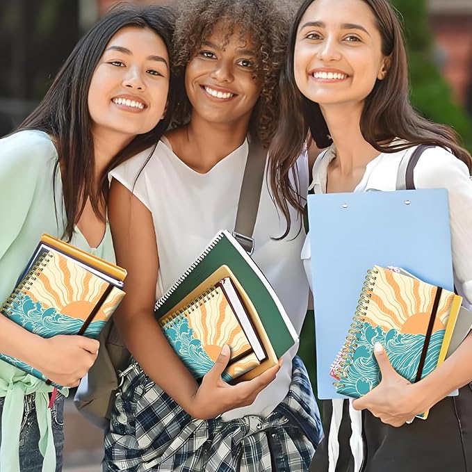 Spiral Journal Notebook, A5 Cute Notebooks for Women Men, College Ruled Hardcover Notebook for Work & Note Taking, 60 Pages Double-Wire Journals for Writing, Boho Sun Sea