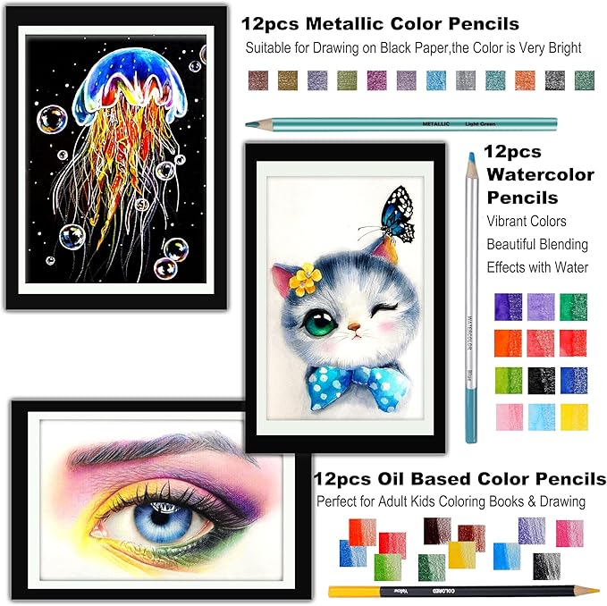 KALOUR 76pc Art Supply Set - Sketching & Drawing Kit with Tutorial Book, Sketchbook & Paper - Pencils, Pastels, Watercolors for Beginner Artists