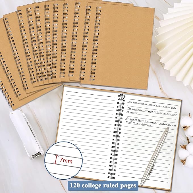 12Pack Small Spiral Notebook A5, 8.25x5.5” 120 Lined Pages Brown Wide Ruled Spiral Journal Bulk Blank Kraft Cover Spiral Bound Notebook & Writing Pads for Home Office Meeting Work Note Taking