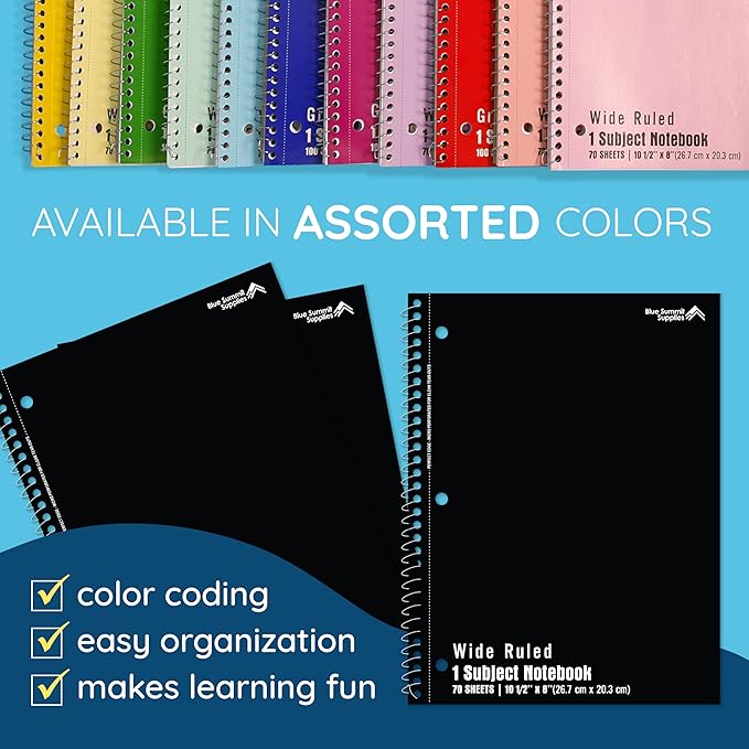 Blue Summit Black Wide Ruled Spiral Notebooks Bulk, 1 Subject Spiral Notebook Wide Ruled, Paper School Bulk Notebooks, 48 Pack