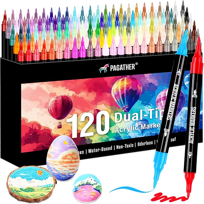 120 Colors Acrylic Paint Markers, Dual Tip Fine Tip and Brush Tip Pens Contain 24 Metallic Color for Stone, Wood, Calligraphy, Canvas, Ceramic, Metal, Glass, Rock Painting, DIY Crafts