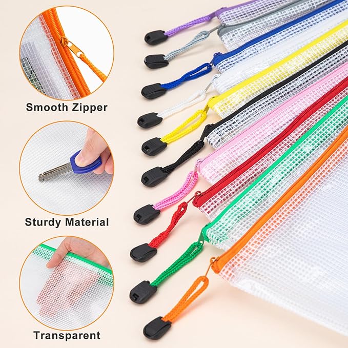 12pcs Mesh Zipper Pouch Bags, Waterproof A4 Letter Size Puzzle Bag for Organizing, Storage, Board Games and Office Supplies, 12 Colors