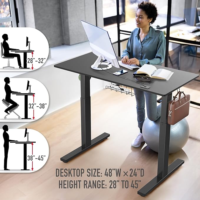 SHW 48-Inch Electric Height Adjustable Standing Desk with Drawer, Memory Preset and Cable Management Tray, Black