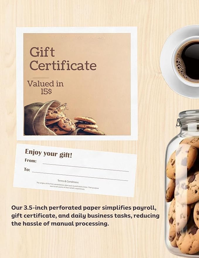 Limited Papers (TM) 8.5x11 Perforated Paper, 20/50 Pound, 75 GSM, Variety of Perforation Sizes and Colors, for Forms, Tickets, Postcards, Business Cards. (Gold, 2 up – 3.5” from bottom)