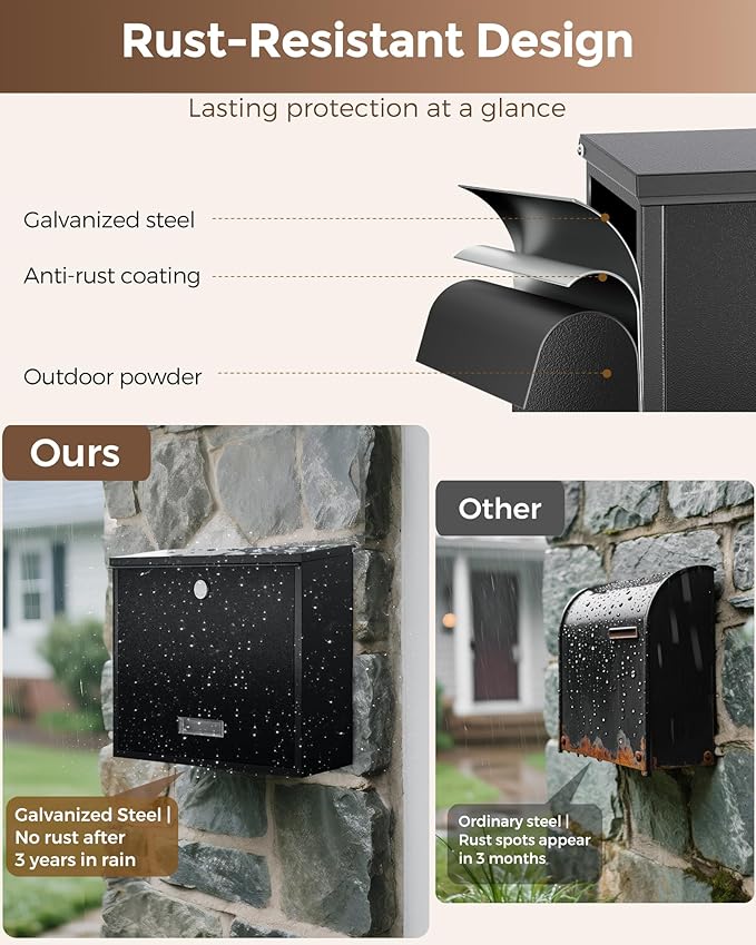 LAND·VOI Locking Wall-Mount Mailbox for Outside, with 4 Keys, Galvanized Steel Rustproof Metal Postbox, 4" Dx13.8 Wx11.2 H, Includes 3 Sets of Mailbox Numbers, Nameplate, Black, AMB33B