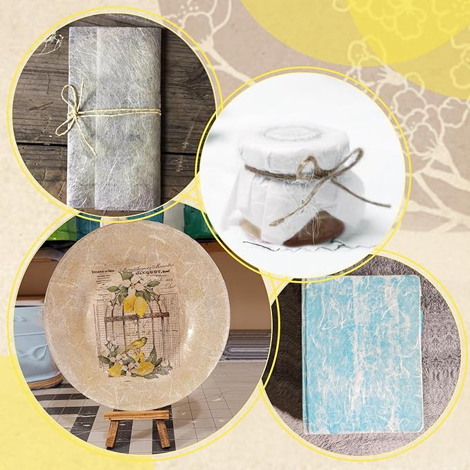 Benvo 50 Sheets A4 Natural Mulberry Paper Visible Plant Fibers Rice Paper Printable Decoupage Tissue Paper Sheets for Writing, Painting, Card Making, DIY Crafts(8.3x11.7in, Semi Transparent Off White)