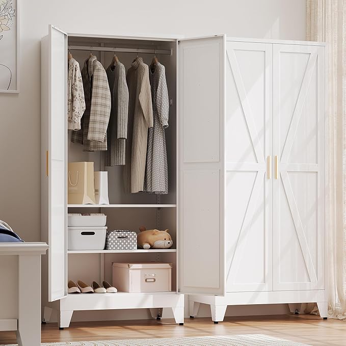 Metal Wardrobe Cabinet with Hanging Rod,Large 71" Armoire Wardrobe Closet with Adjustable Shelves,Farmhouse Metal Clothing Storage Cabinets for Bedroom,Office,Laundry Room(White)