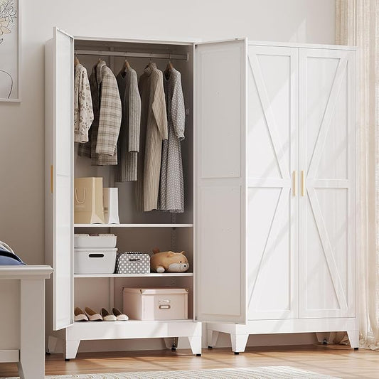 Metal Wardrobe Cabinet with Hanging Rod,Large 71" Armoire Wardrobe Closet with Adjustable Shelves,Farmhouse Metal Clothing Storage Cabinets for Bedroom,Office,Laundry Room(White)